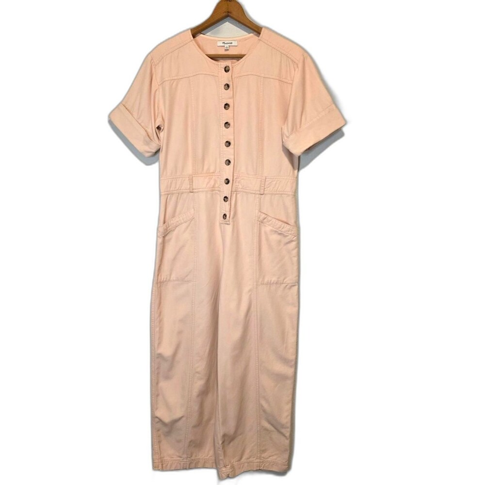 Madewell Pink Button Front Jumpsuit Short Sleeve Coverall Top Stitched Size 00